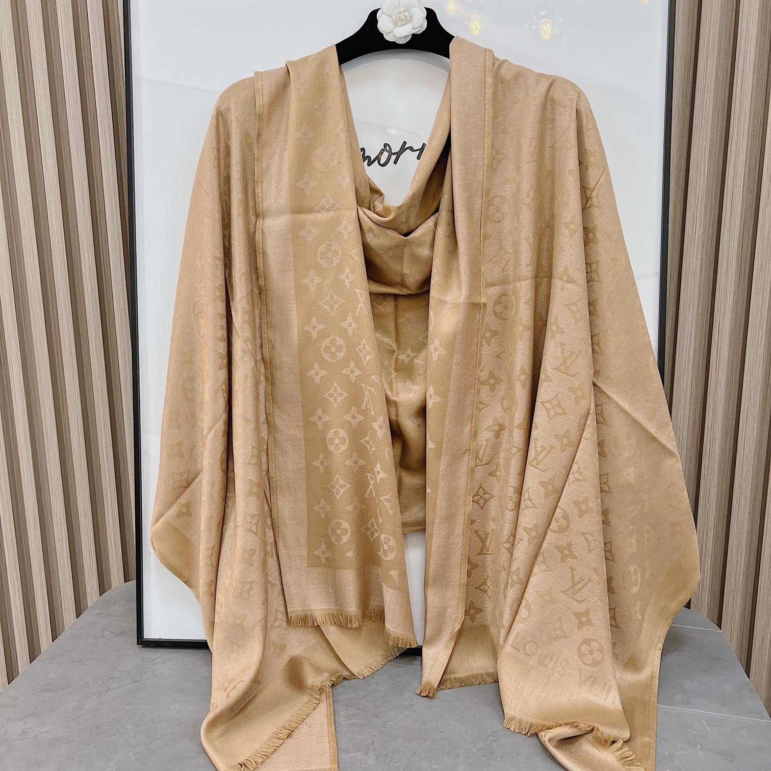 Louis Vuitton Silk Satin Fringe Monogram Scarf Shawl for Women – product image 11