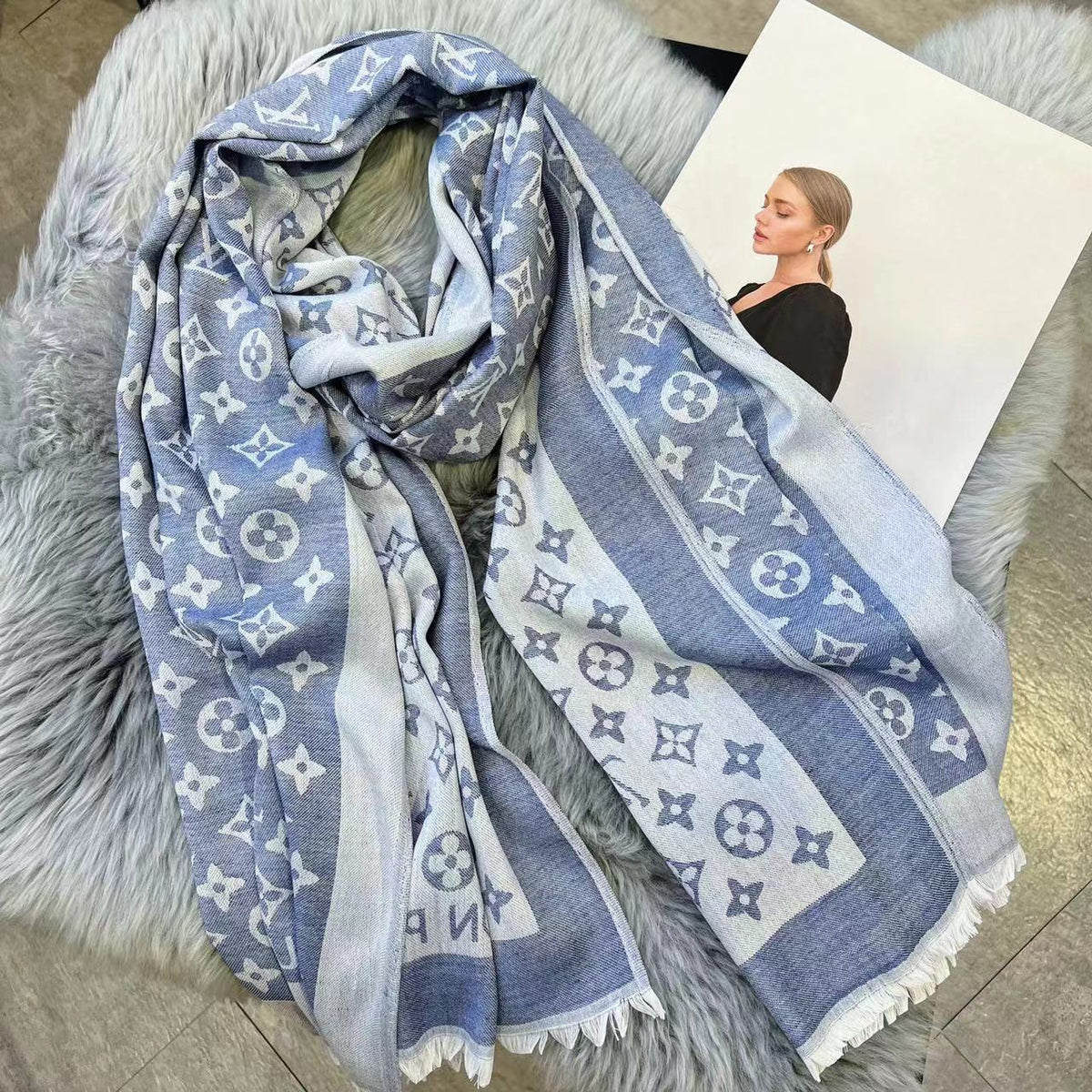 Louis Vuitton Silk Satin Fringe Monogram Scarf Shawl for Women – product image 14