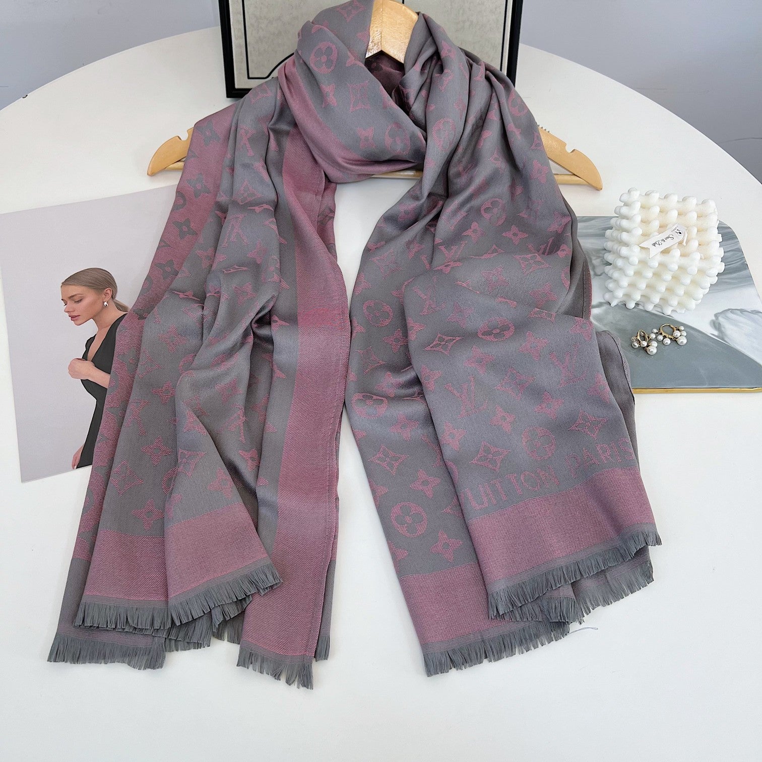 Louis Vuitton Silk Satin Fringe Monogram Scarf Shawl for Women – product image 2