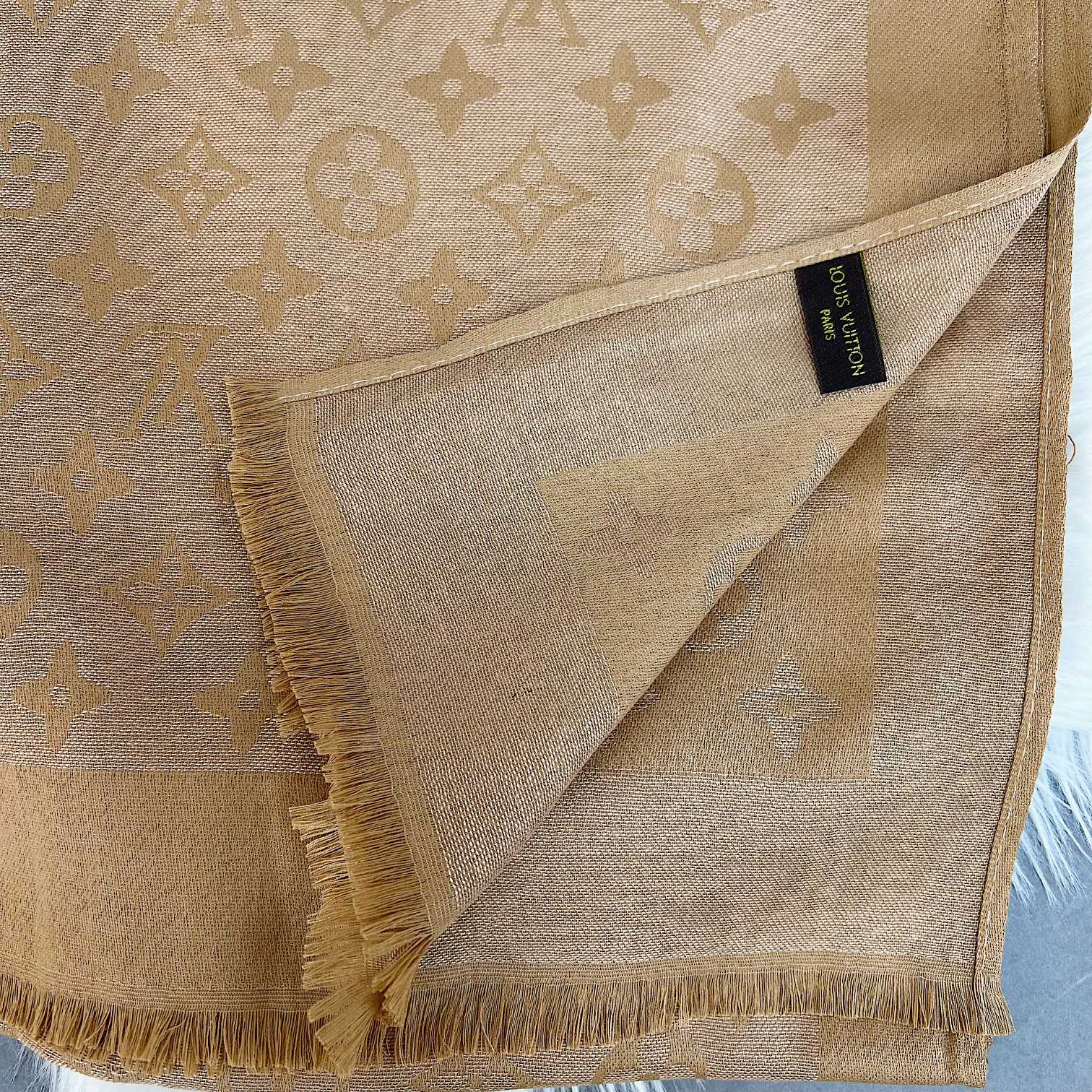 Louis Vuitton Silk Satin Fringe Monogram Scarf Shawl for Women – product image 23