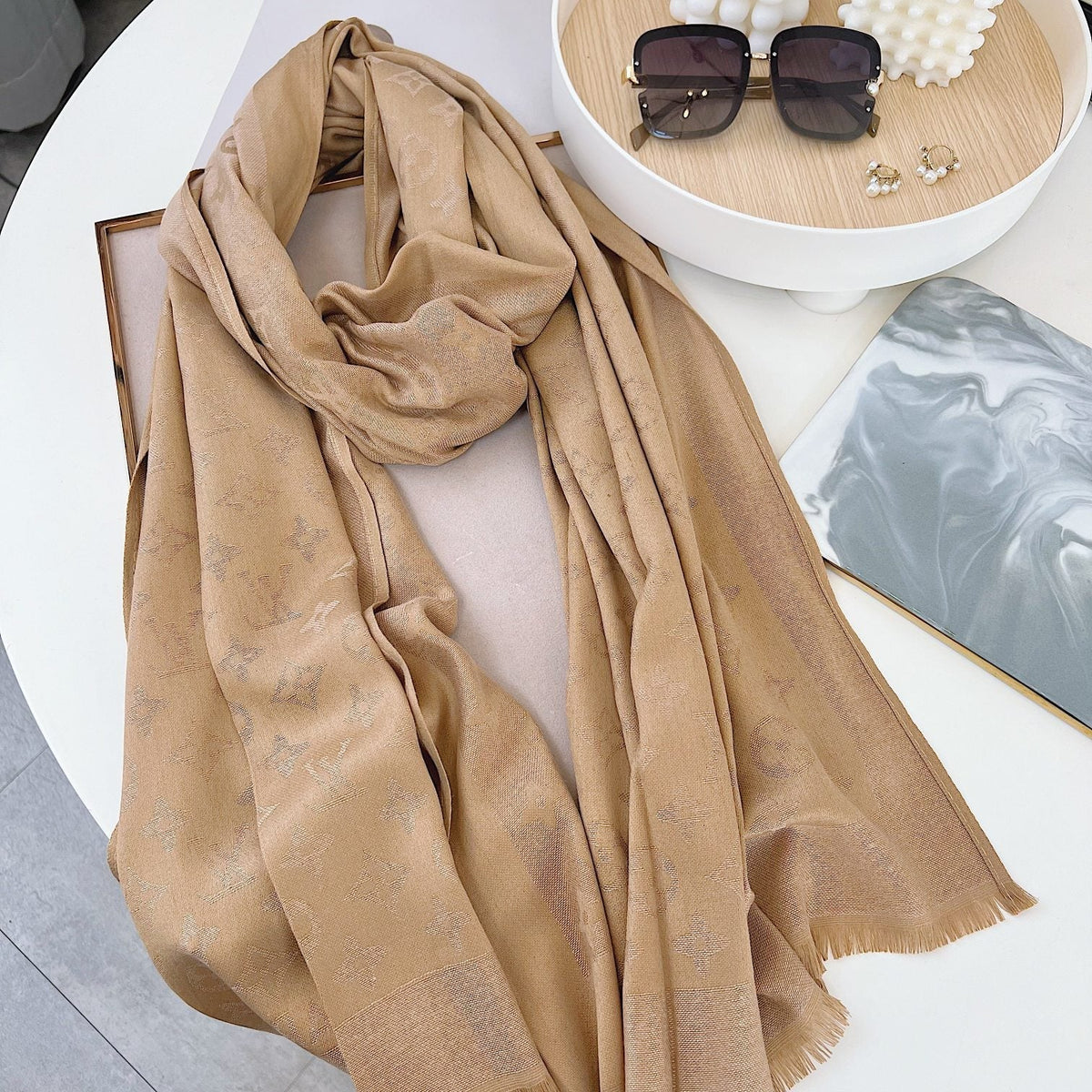 Louis Vuitton Silk Satin Fringe Monogram Scarf Shawl for Women – product image 25