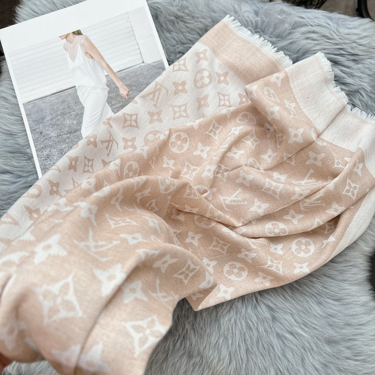 Louis Vuitton Silk Satin Fringe Monogram Scarf Shawl for Women – product image 28
