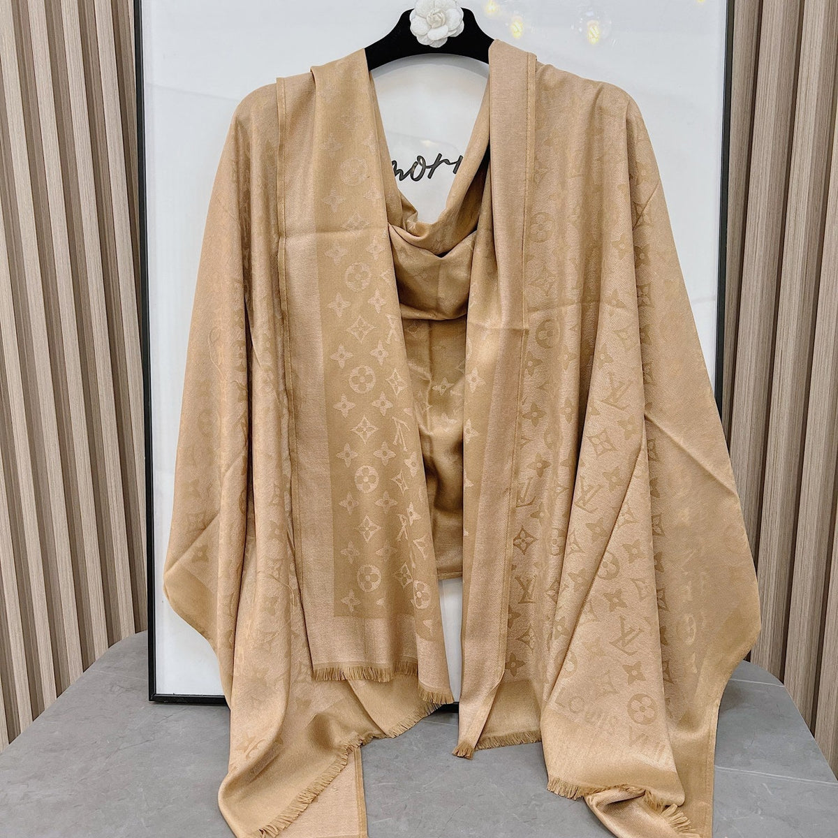 Louis Vuitton Silk Satin Fringe Monogram Scarf Shawl for Women – product image 3