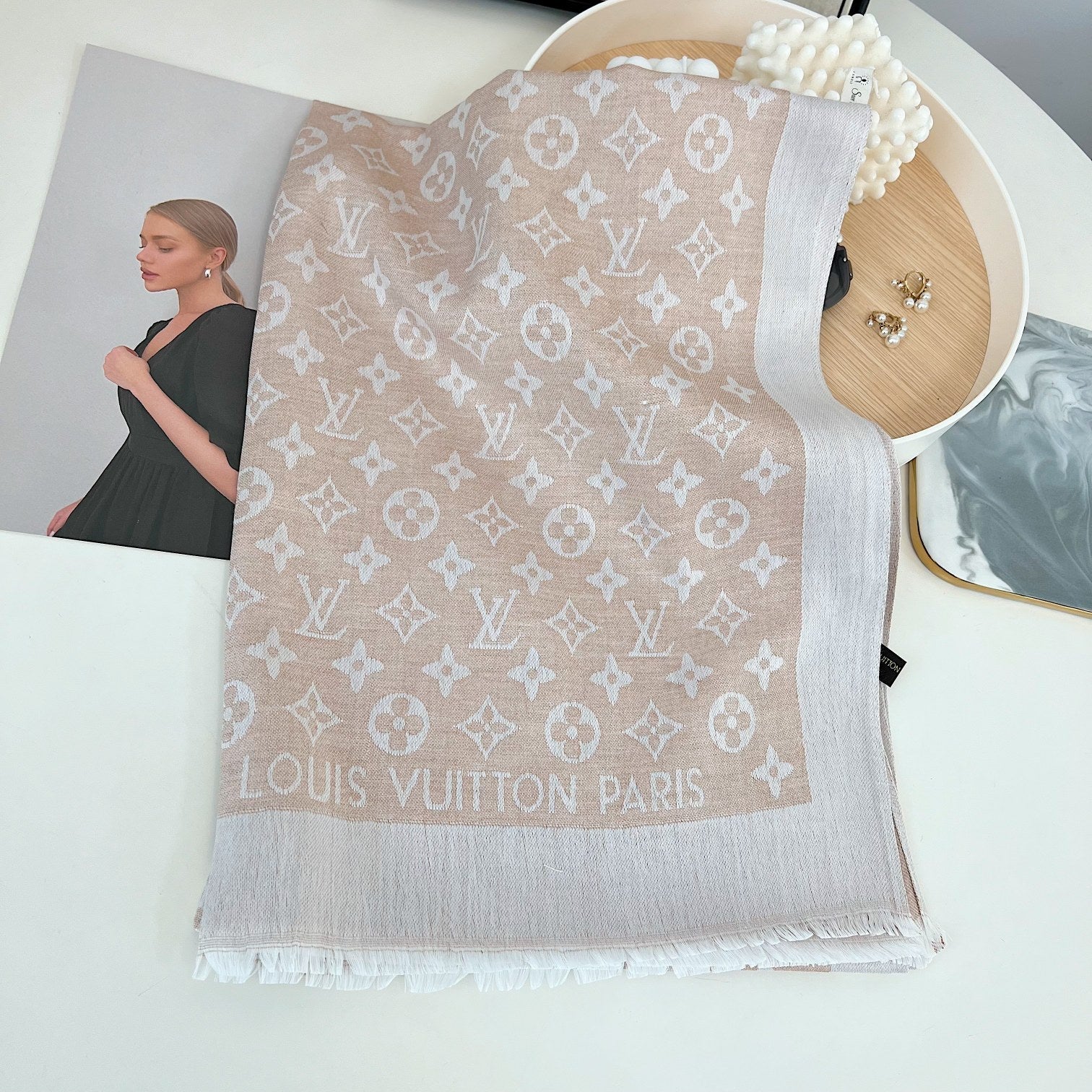 Louis Vuitton Silk Satin Fringe Monogram Scarf Shawl for Women – product image 8