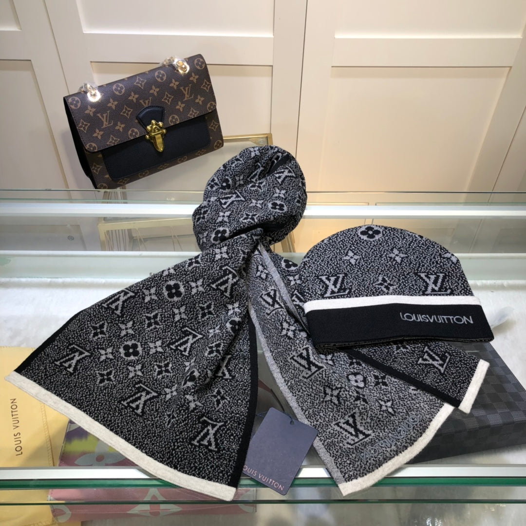 Louis Vuitton Wool Embroidered Jacquard Monogram Scarf Hat Set for Women – product image 16