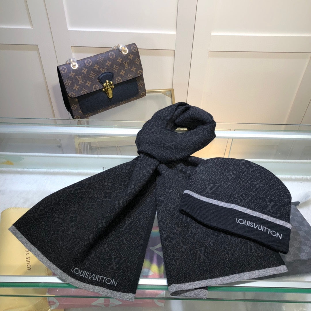 Louis Vuitton Wool Embroidered Jacquard Monogram Scarf Hat Set for Women – product image 19