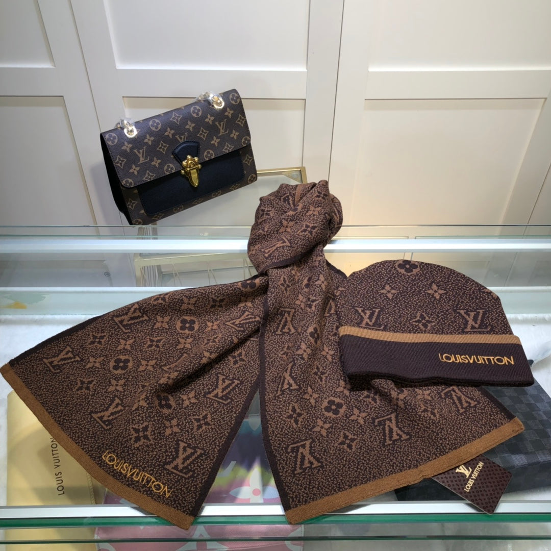 Louis Vuitton Wool Embroidered Jacquard Monogram Scarf Hat Set for Women – product image 22
