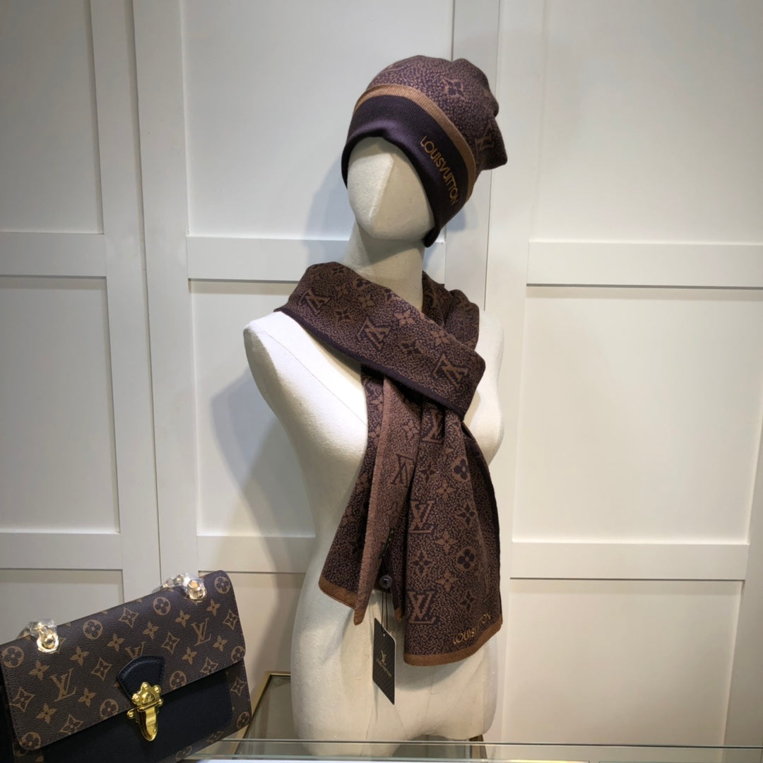 Louis Vuitton Wool Embroidered Jacquard Monogram Scarf Hat Set for Women – product image 23
