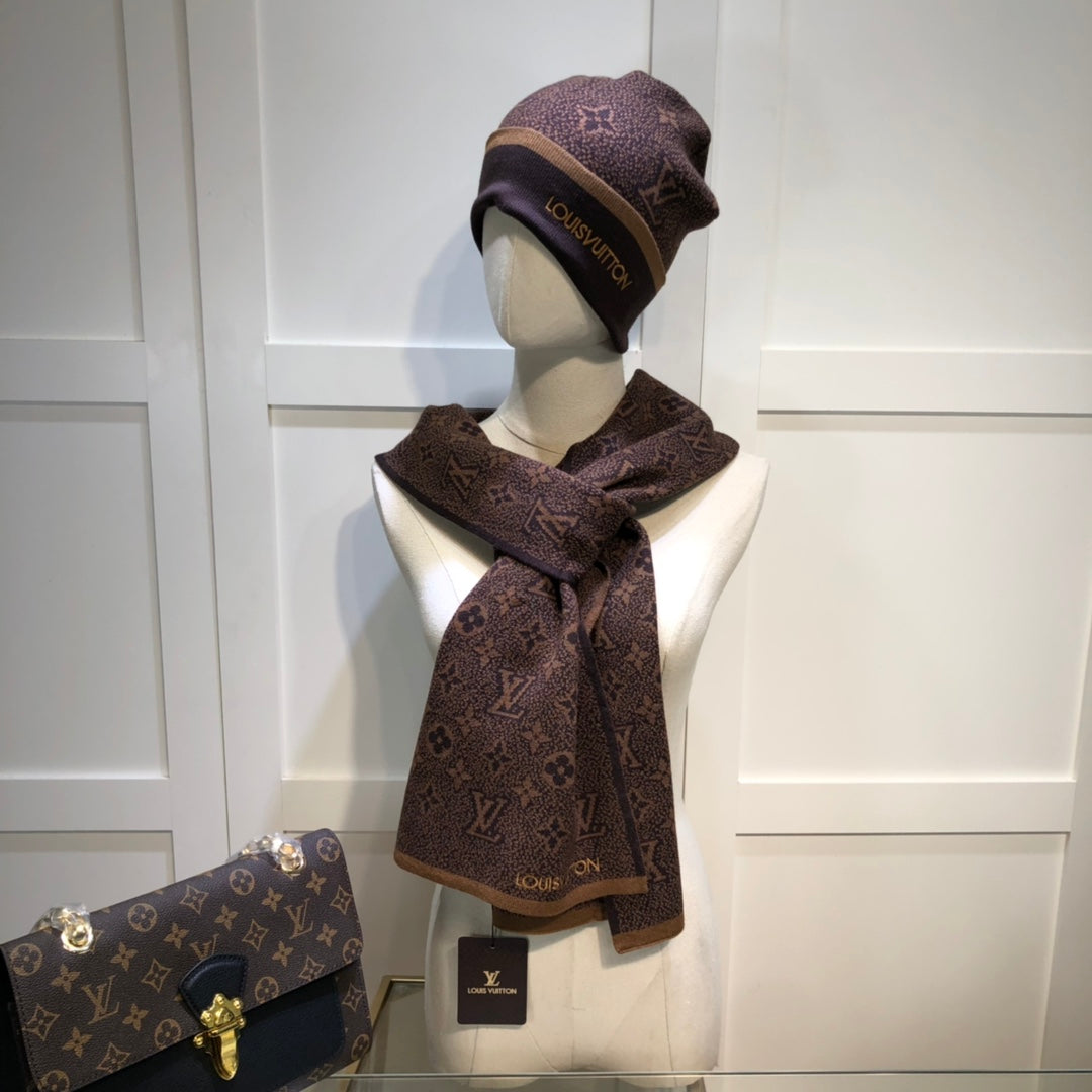 Louis Vuitton Wool Embroidered Jacquard Monogram Scarf Hat Set for Women – product image 24