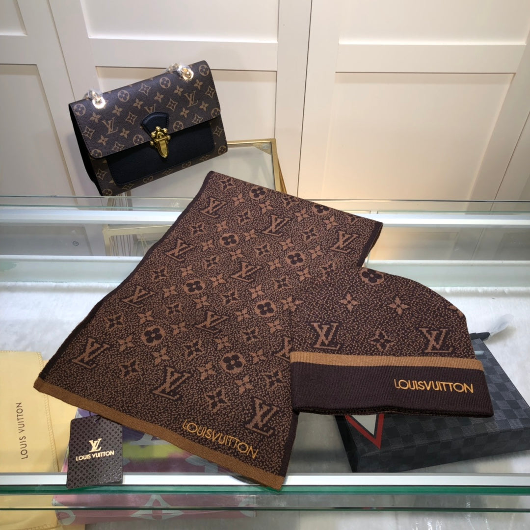 Louis Vuitton Wool Embroidered Jacquard Monogram Scarf Hat Set for Women – product image 4