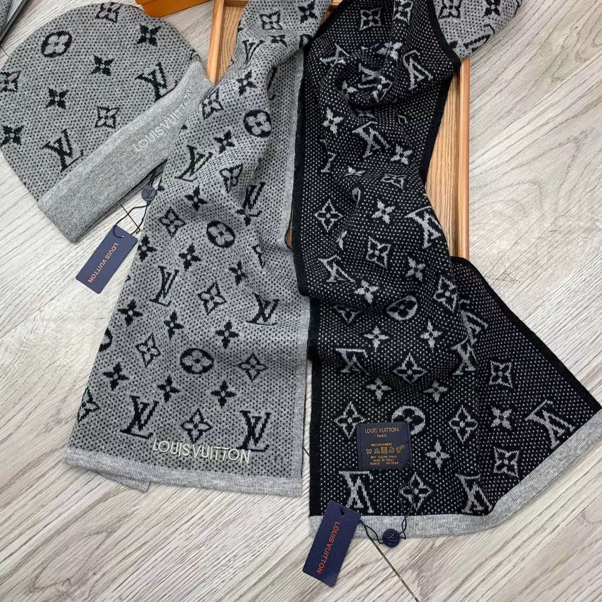 Louis Vuitton Wool Logo Embroidery Jacquard Scarf Hat Set for Women – product image 10