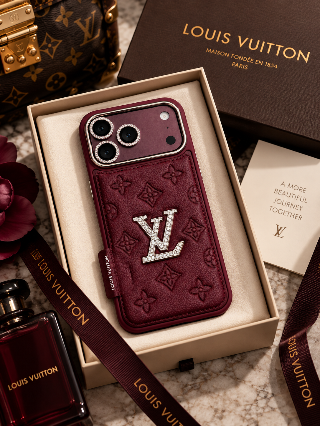 Luxury Burgundy embossed phone case for iPhone 18 Pro Max – boxed view