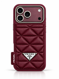 Burgundy Prada case for iPhone 18 Pro – quilted texture detail