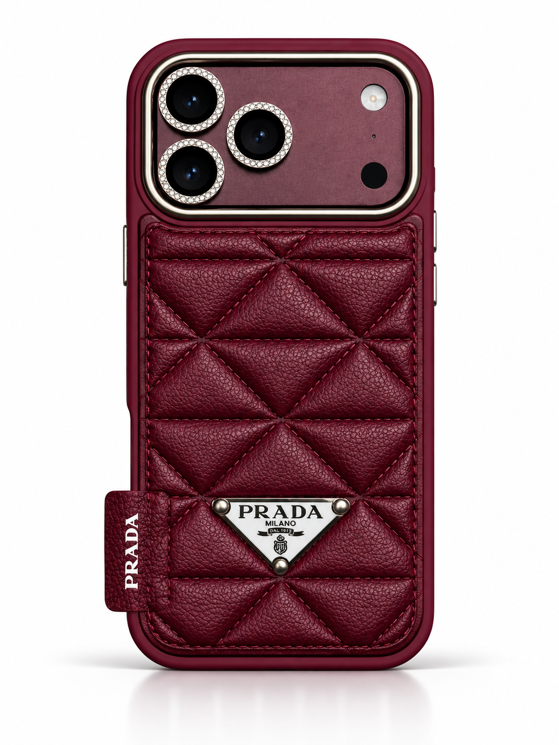 Burgundy Prada case for iPhone 18 Pro – quilted texture detail