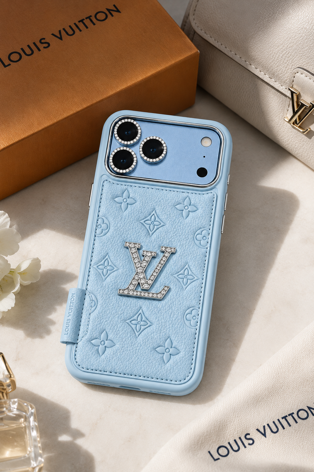 Luxury Glacier blue iPhone 18 Pro Max case styled with designer packaging and accessories