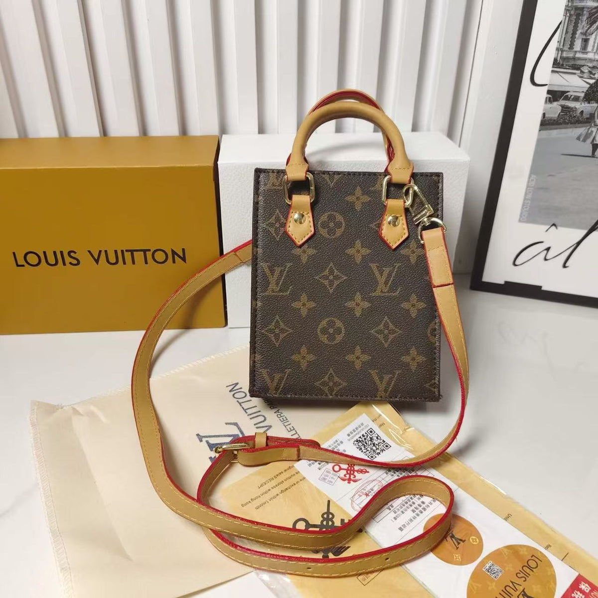 Louis Vuitton monogram mini wallet keychain styled with monogram mini bag, strap and gift packaging