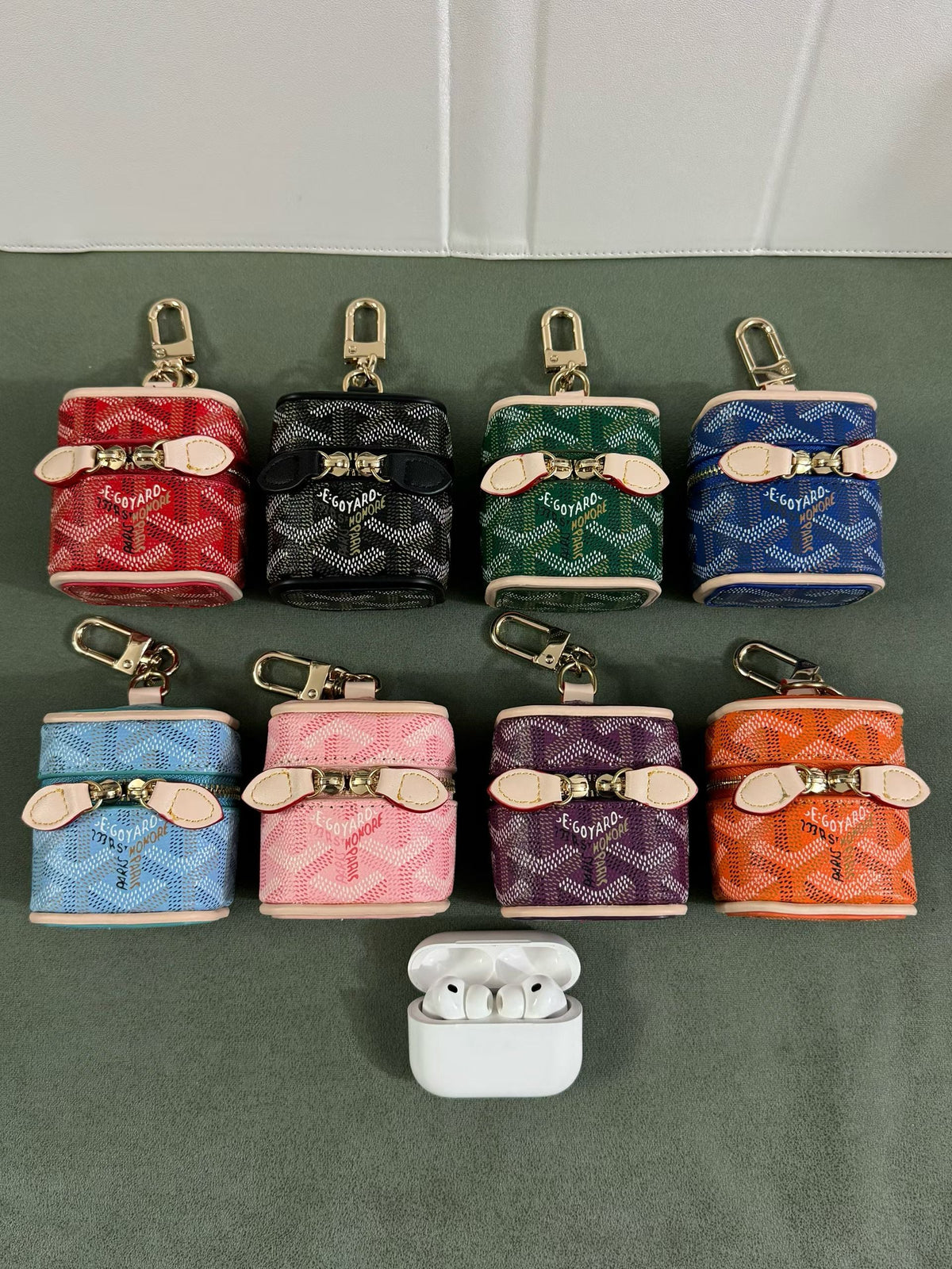 Goyard Chevron Zip Earbud Pouch with Clip in pattern and finish overview