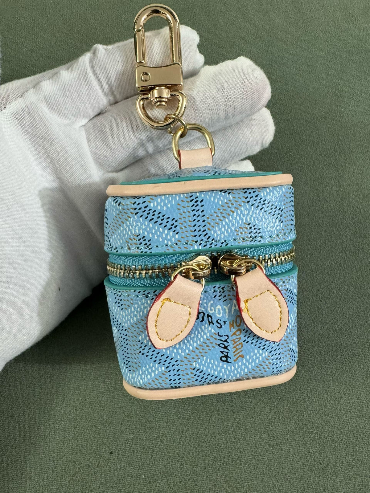 Goyard Chevron Zip Earbud Pouch with Clip in Light Blue finish