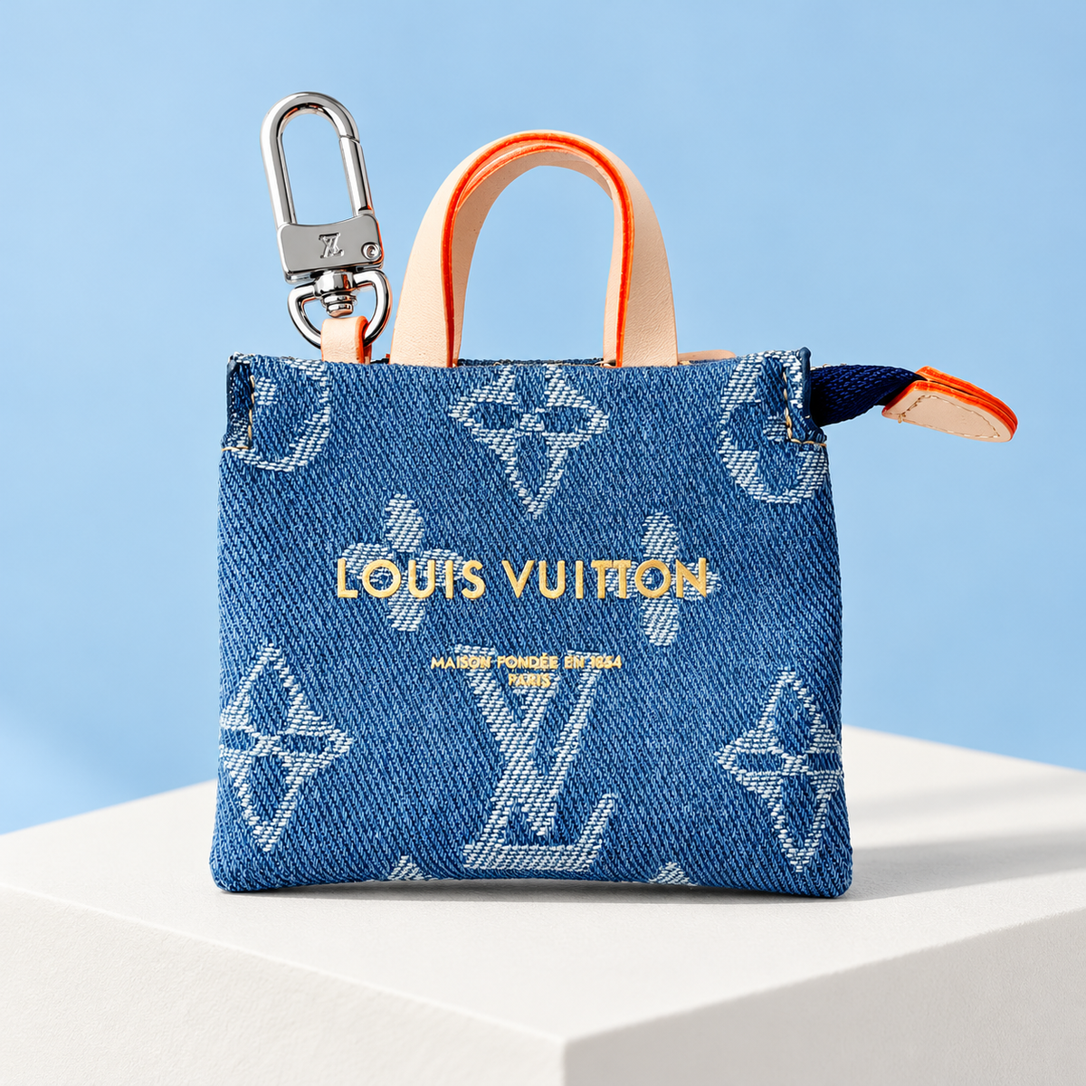 Louis Vuitton Denim-Effect Mini Tote Charm in Blue Denim — studio view