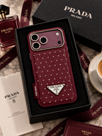 Burgundy Prada crystal phone case for iPhone 18 Pro – lifestyle view