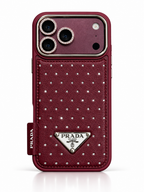 Luxury Burgundy studded Prada case for iPhone 18 Pro Max – boxed view