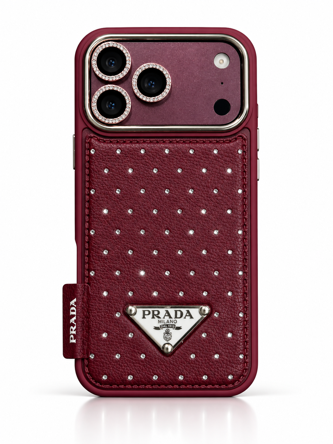 Luxury Burgundy studded Prada case for iPhone 18 Pro Max – boxed view