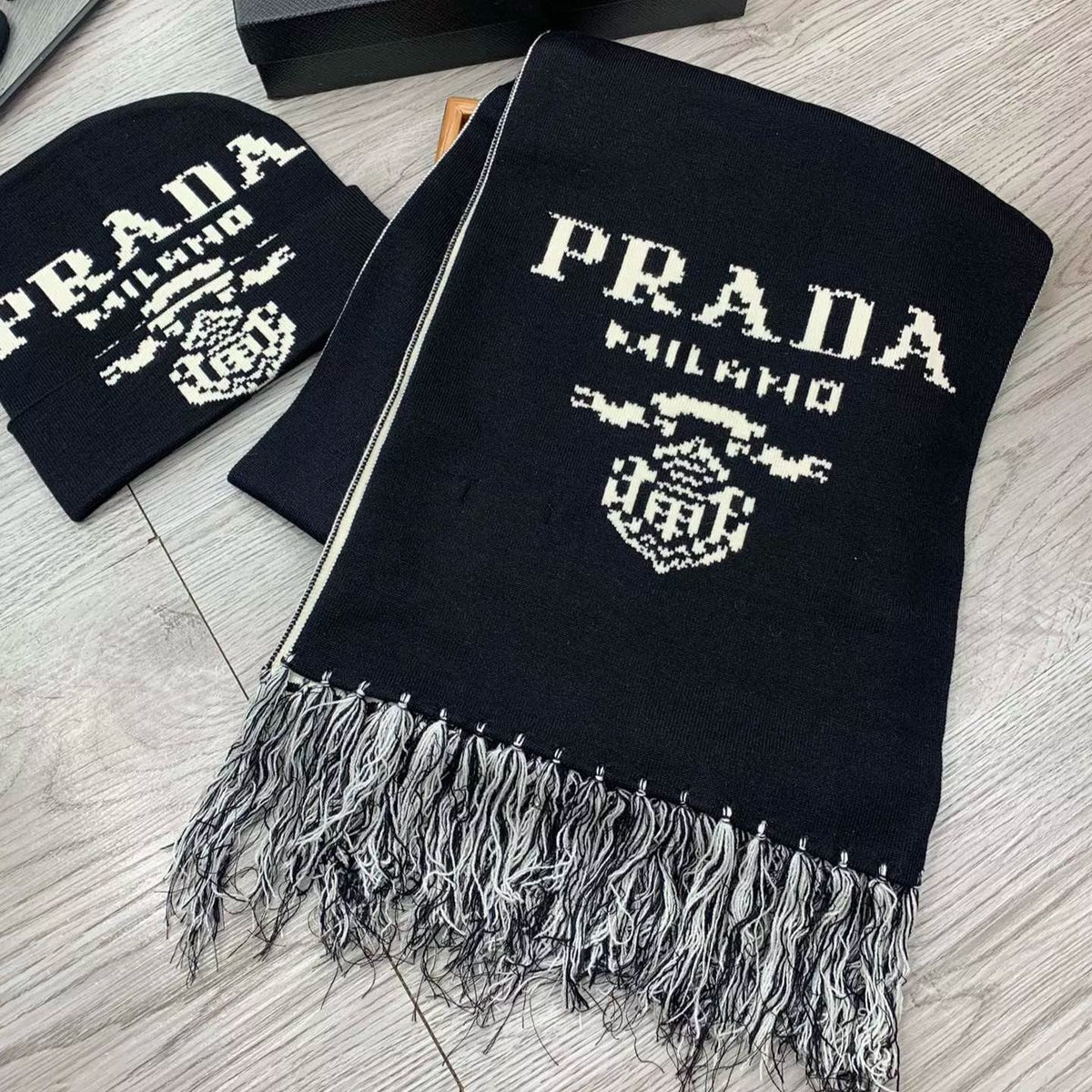 Prada Cashmere Monogram Jacquard Tassel Scarf Hat Set for Women – product image 1