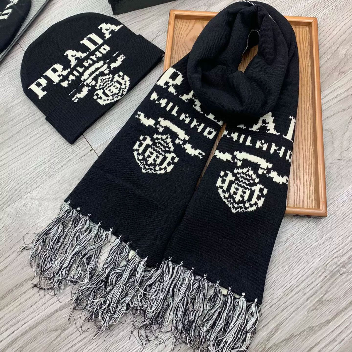 Prada Cashmere Monogram Jacquard Tassel Scarf Hat Set for Women – product image 10