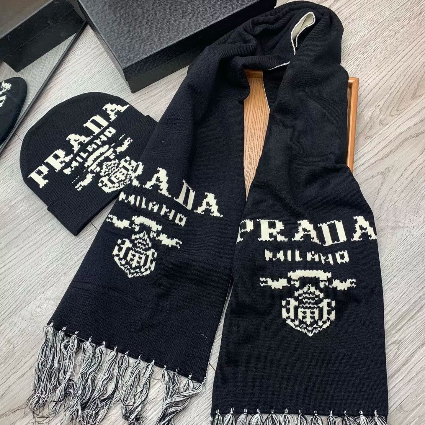Prada Cashmere Monogram Jacquard Tassel Scarf Hat Set for Women – product image 11