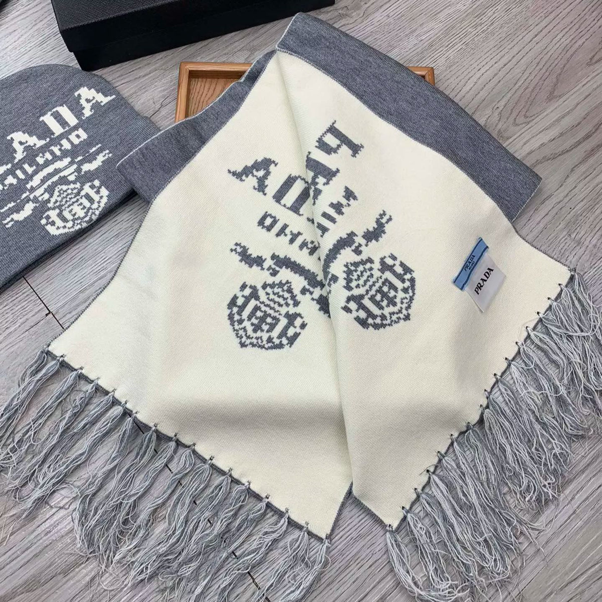 Prada Cashmere Monogram Jacquard Tassel Scarf Hat Set for Women – product image 15