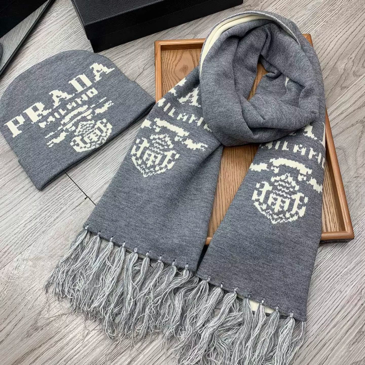 Prada Cashmere Monogram Jacquard Tassel Scarf Hat Set for Women – product image 18