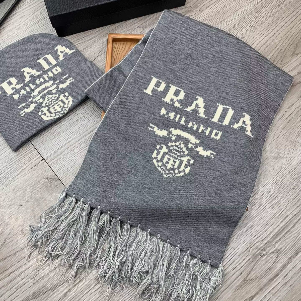 Prada Cashmere Monogram Jacquard Tassel Scarf Hat Set for Women – product image 2