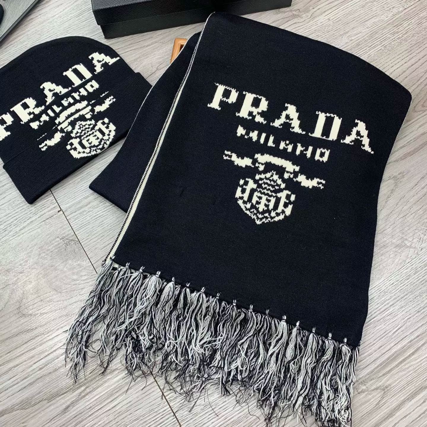 Prada Cashmere Monogram Jacquard Tassel Scarf Hat Set for Women – product image 3