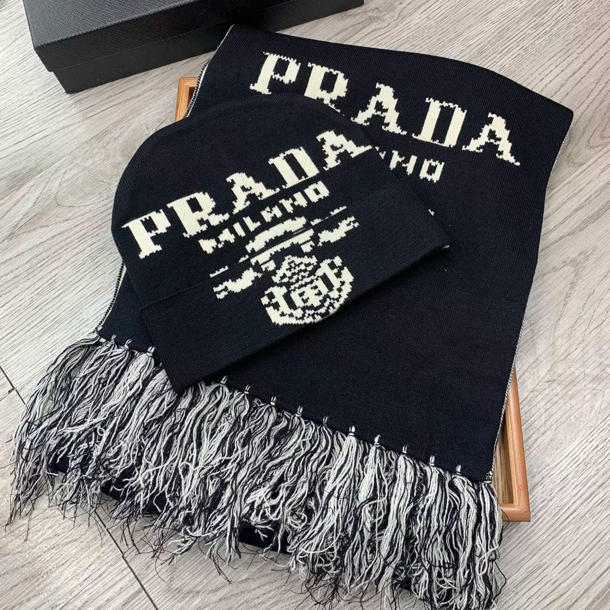 Prada Cashmere Monogram Jacquard Tassel Scarf Hat Set for Women – product image 7