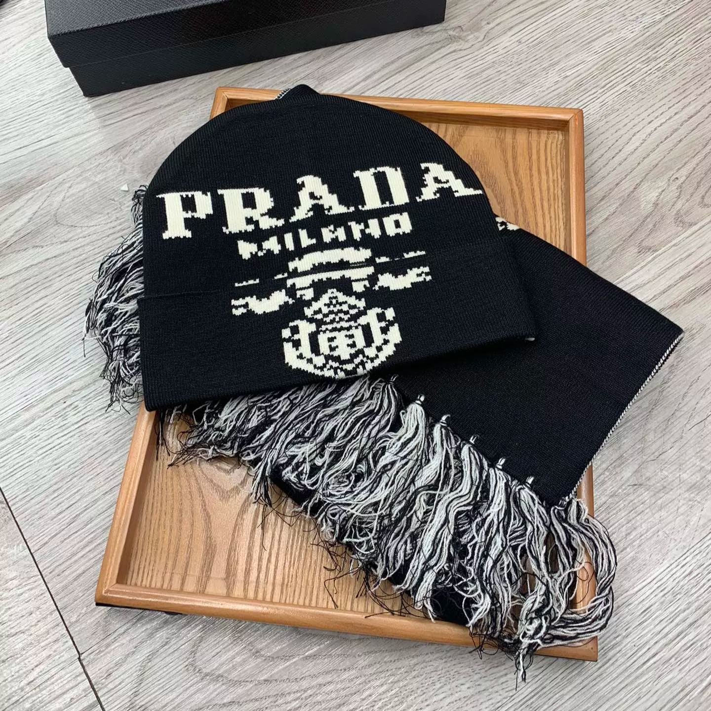 Prada Cashmere Monogram Jacquard Tassel Scarf Hat Set for Women – product image 8
