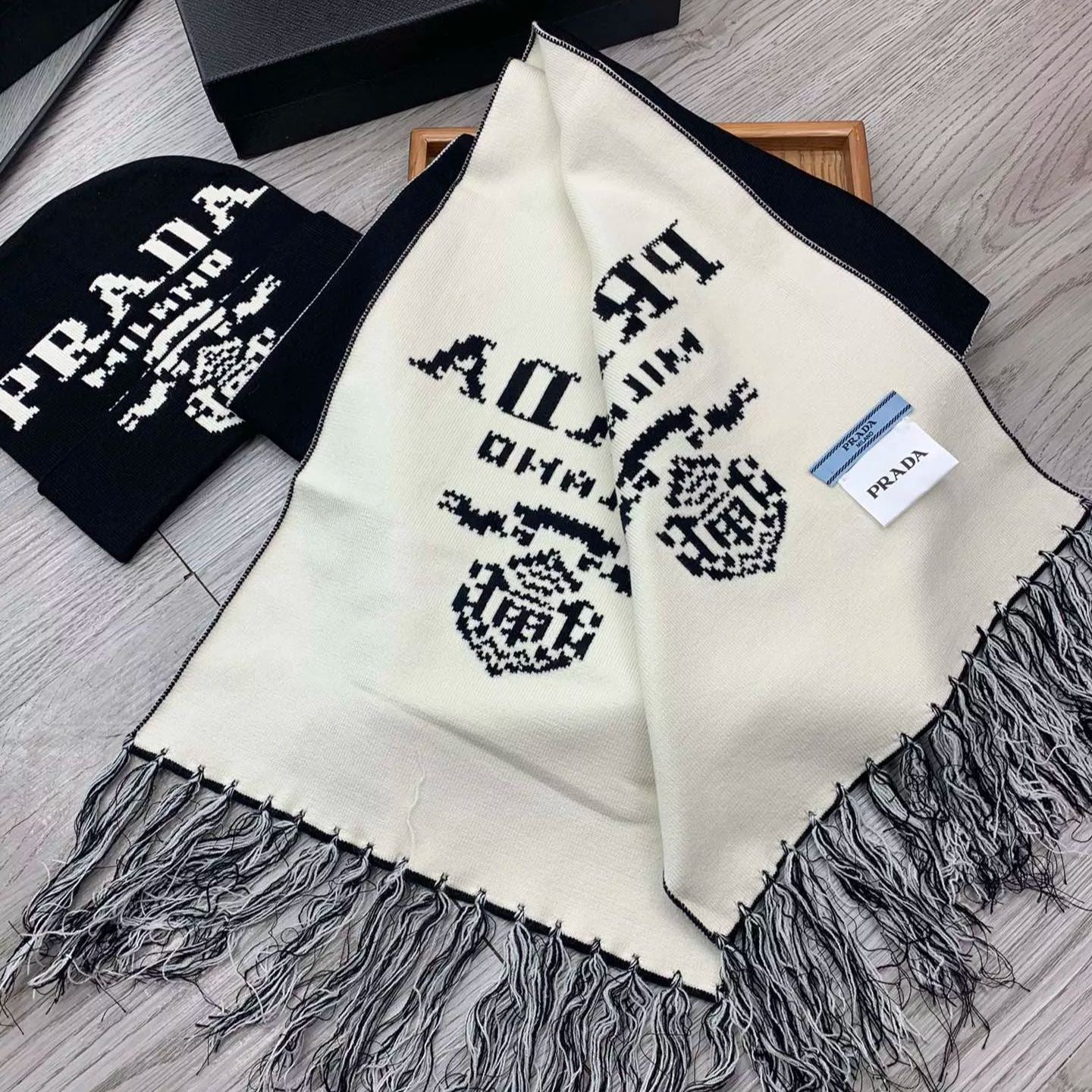 Prada Cashmere Monogram Jacquard Tassel Scarf Hat Set for Women – product image 9