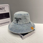 Prada light blue denim bucket hat detail