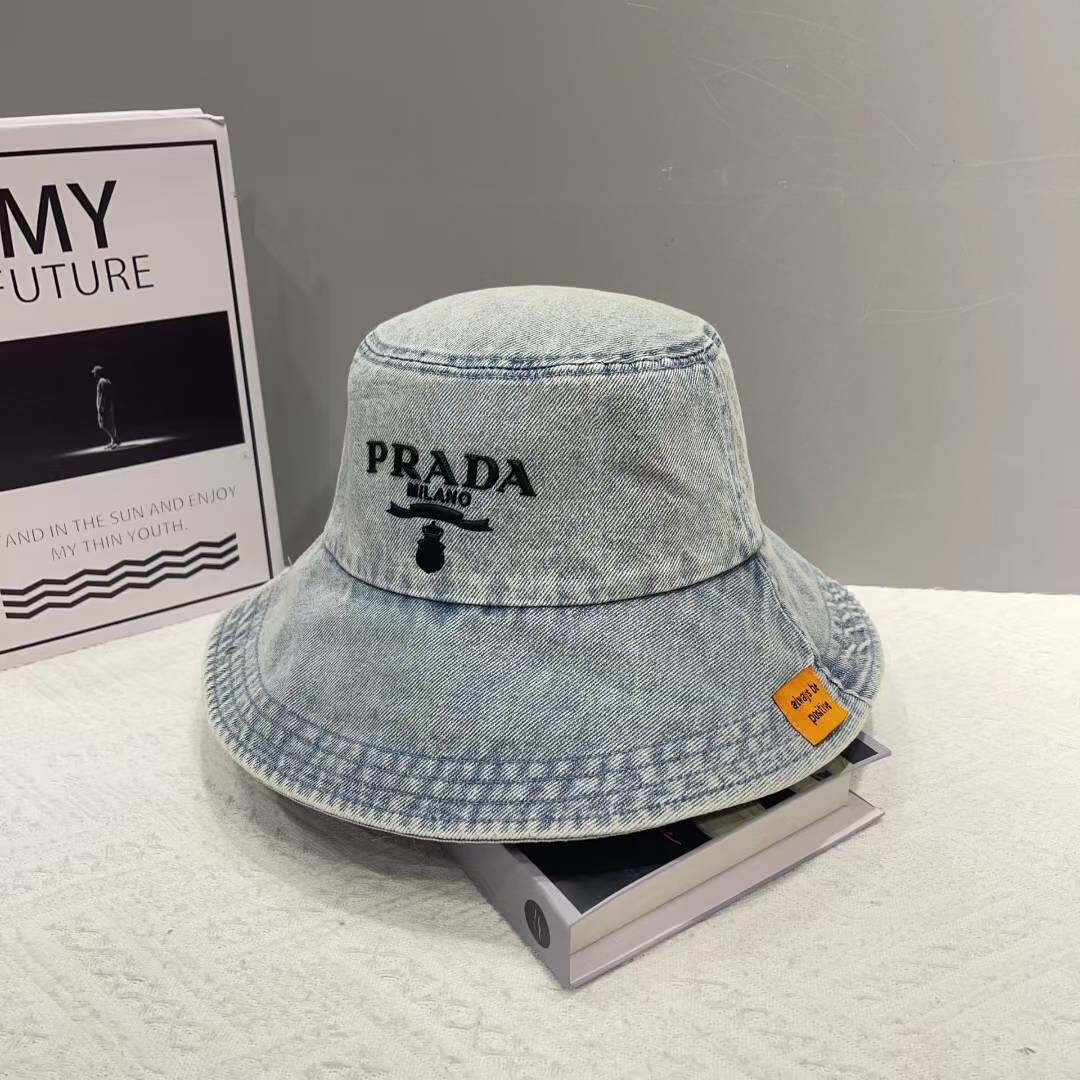 Prada light blue denim bucket hat detail