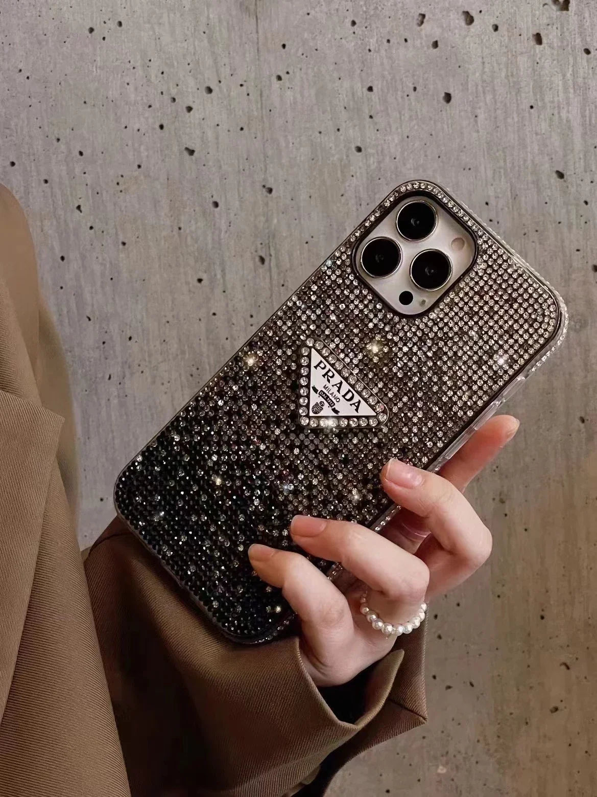 Crystal Prada iPhone 17 Pro Max Case – Luxury Rhinestone Prada Phone Case Black