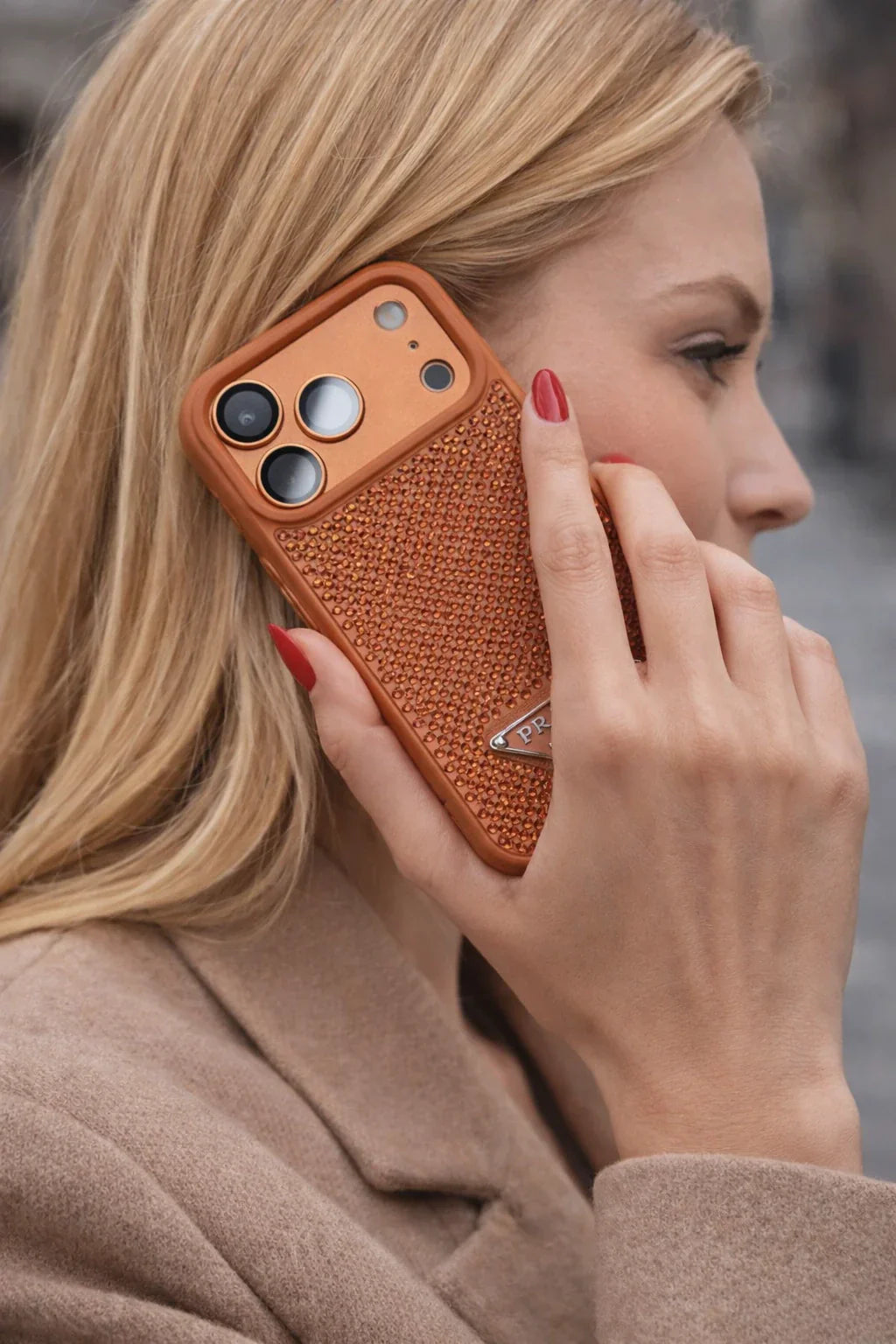 Crystal Orange iPhone 17 Pro Max Case – Quilted Luxury Rhinestone Designer-Style Cover