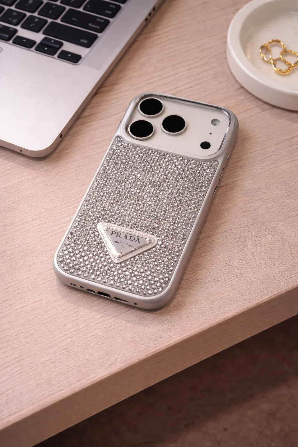 Crystal Gray Prada iPhone 17 Pro Max Case – Quilted Luxury Rhinestone Designer-Style Cover
