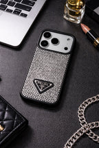 Crystal Gray Prada iPhone 17 Pro Max Case – Quilted Luxury Rhinestone Designer-Style Cover