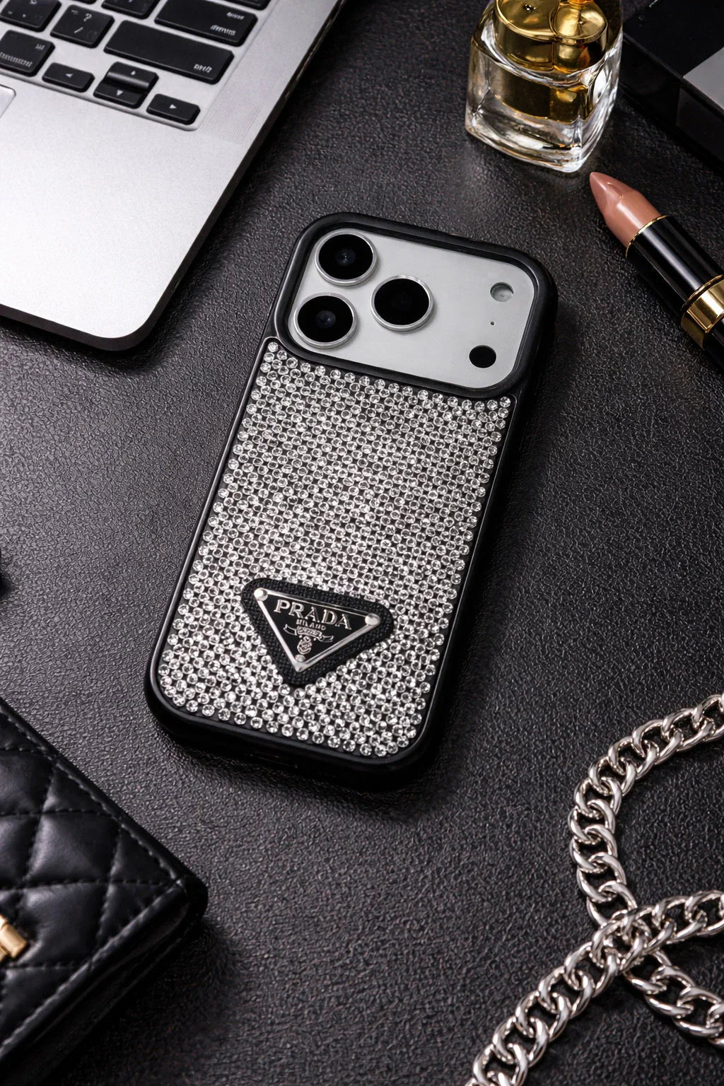 Crystal Gray Prada iPhone 17 Pro Max Case – Quilted Luxury Rhinestone Designer-Style Cover