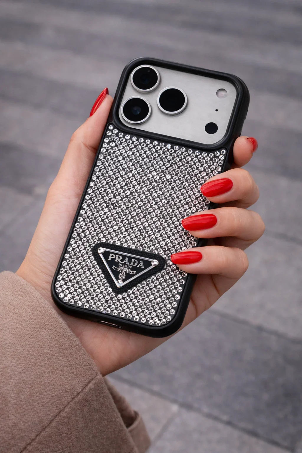 Crystal Gray Prada iPhone 17 Pro Max Case – Quilted Luxury Rhinestone Designer-Style Cover