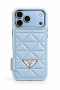 Front view of Glacier blue geometric quilted case for iPhone 18 Pro Max with metal plaque