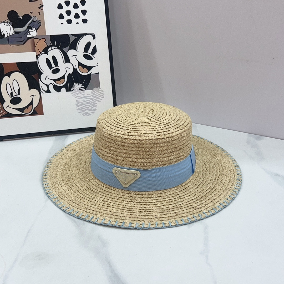Prada straw sun hat with blue trim