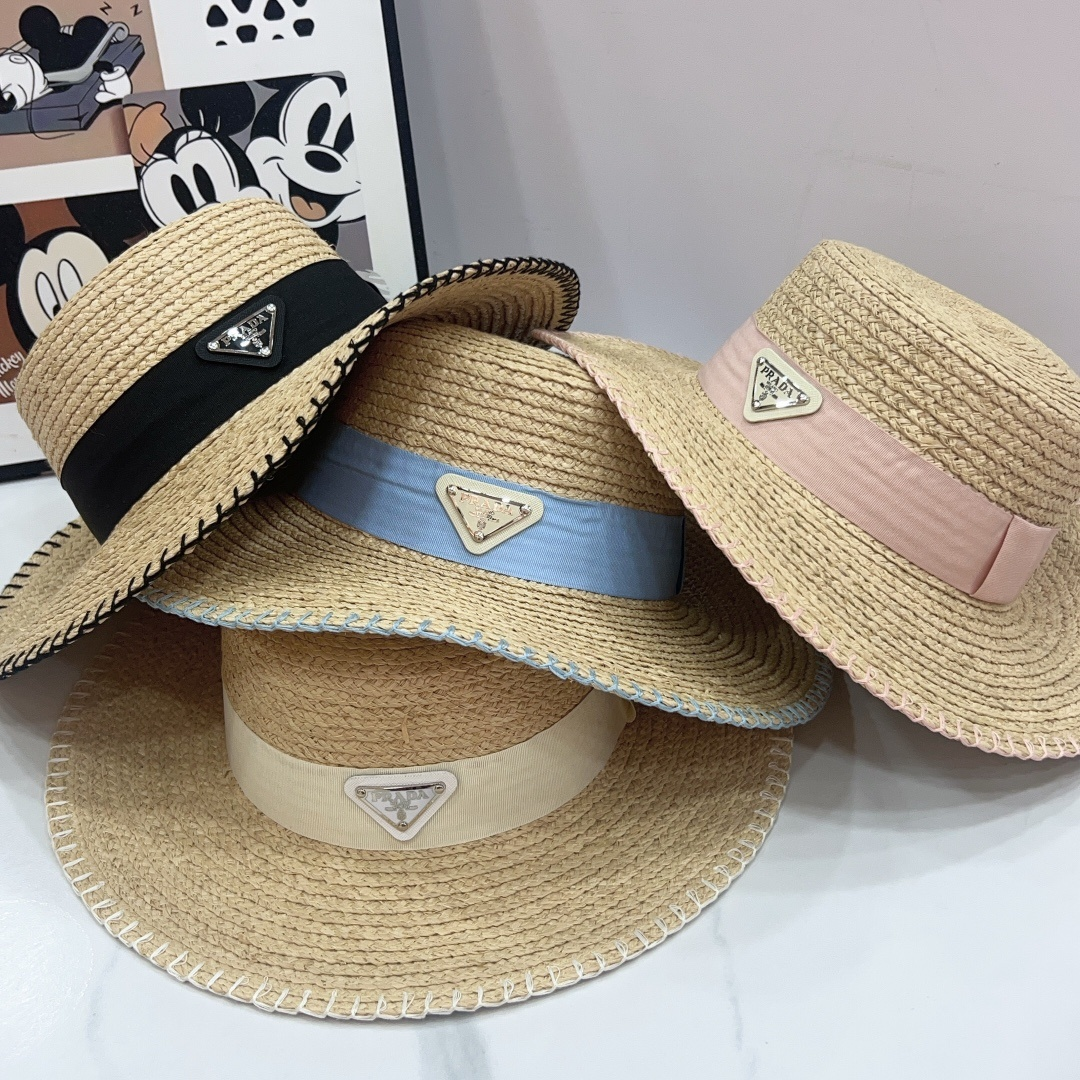 Prada straw sun hat in multiple trim colors