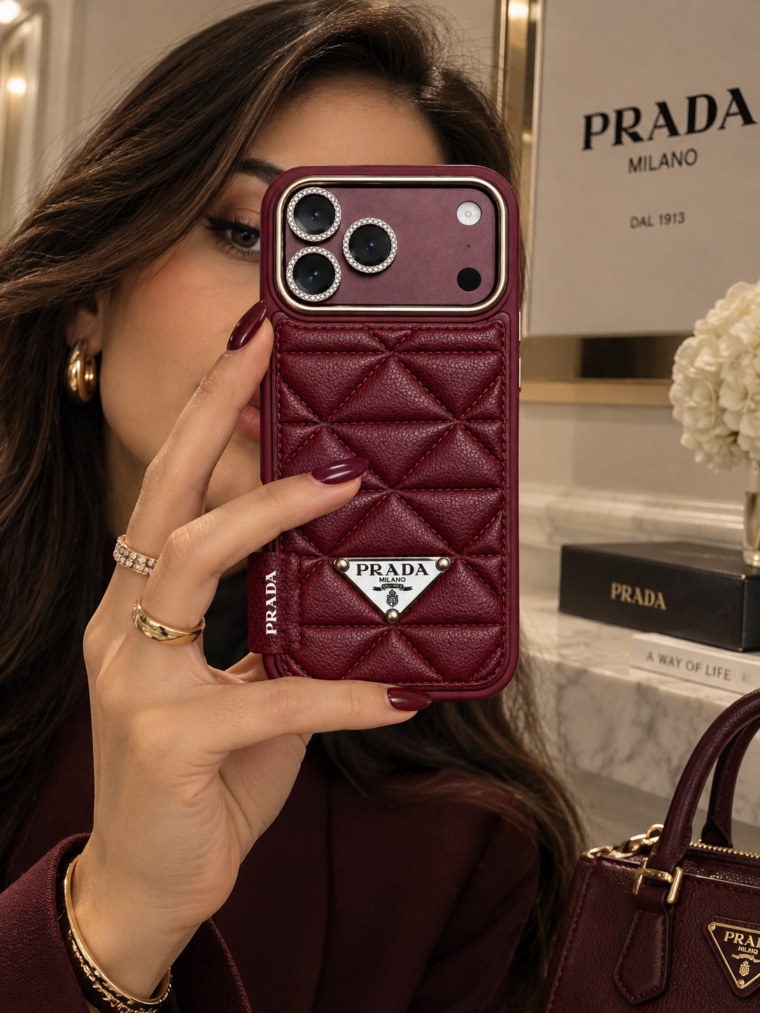 Prada Burgundy quilted case for iPhone 18 Pro Max – boxed front view