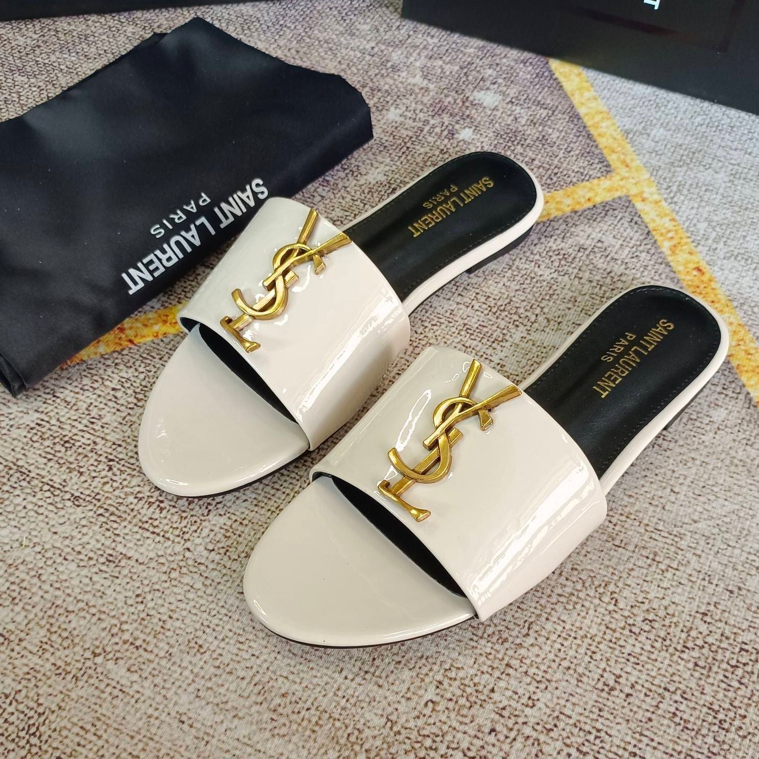 Saint Laurent Classic Gold Signature Flat Slippers – slippers product image 6