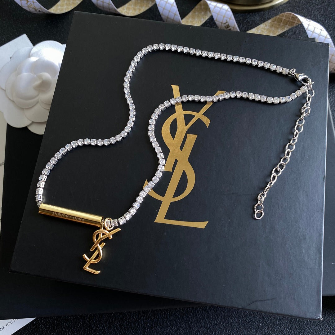 Saint Laurent Letter Drop Crystal Crystal Necklace – Luxury Designer Jewelry – product image 1